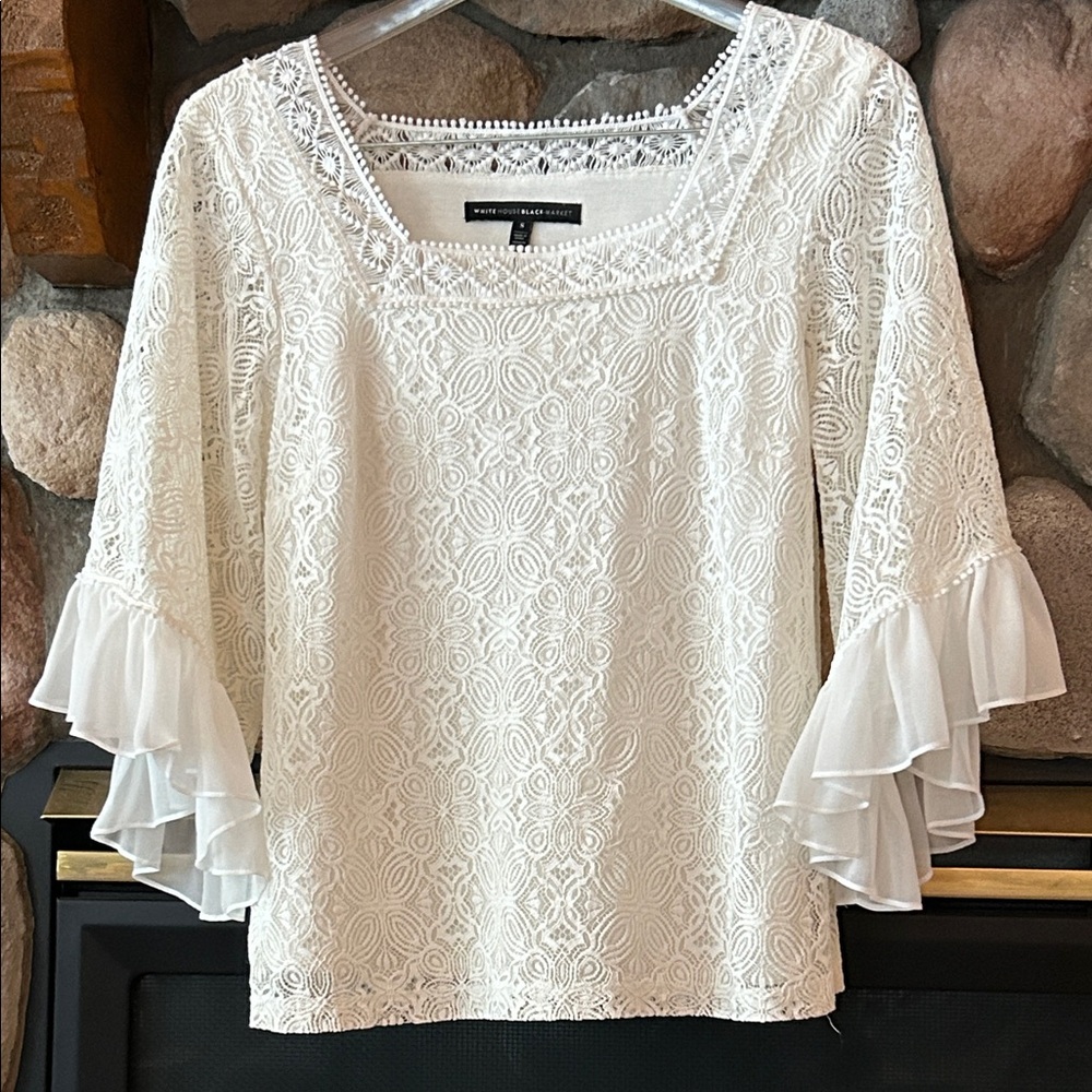 White House Black Market Ivory Lace 3/4 Ruffle Bell Sleeves, Size S